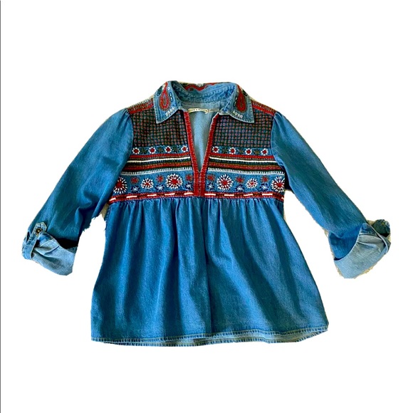 Alice + Olivia Tops - Alice + Olivia Hand Embroidered Denim Top